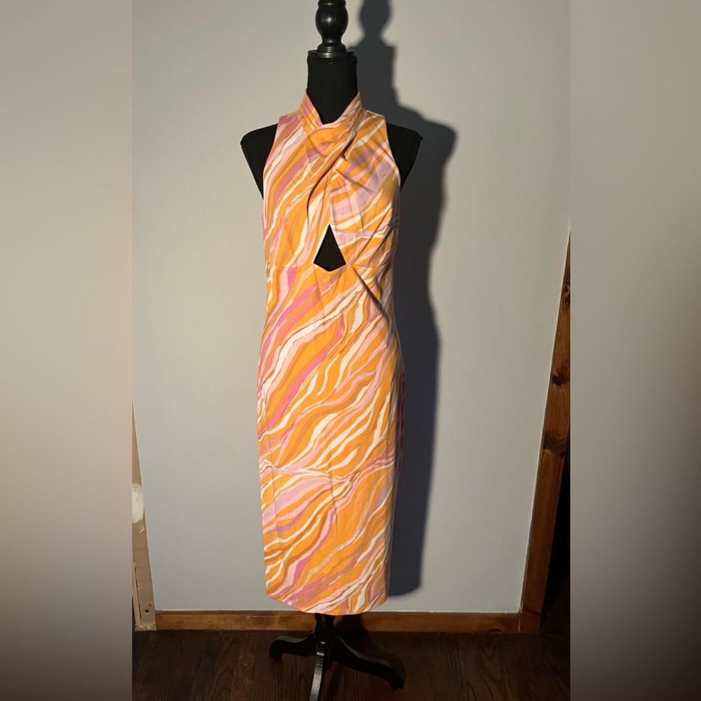 NWT RACHEL ROY Womens Orange Pink Keyhole Sleeveless Midi Evening Sheath Dress L